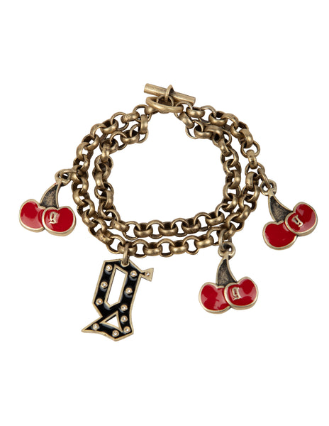John Galliano Vintage Enamel Cherry and Logo Brass Chain Bracelet