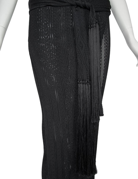 John Galliano Vintage SS 1998 Black Pointelle Knit Wrap Skirt with Fringe