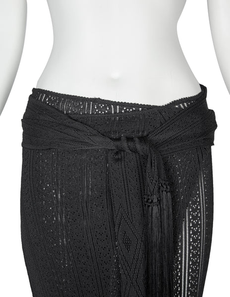 John Galliano Vintage SS 1998 Black Pointelle Knit Wrap Skirt with Fringe