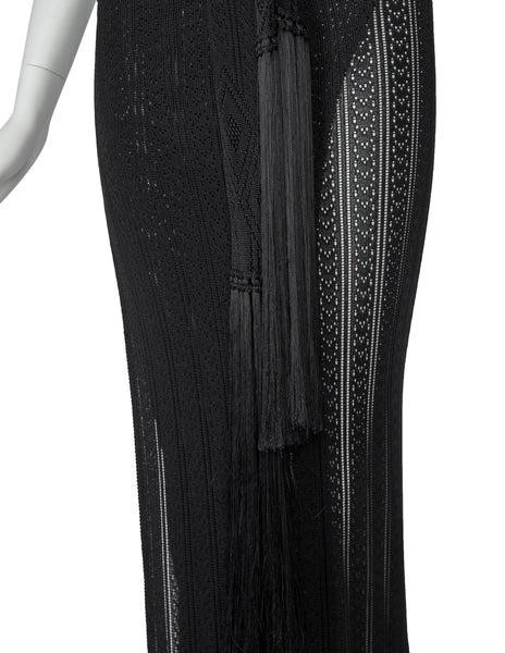 John Galliano Vintage SS 1998 Black Pointelle Knit Wrap Skirt with Fringe