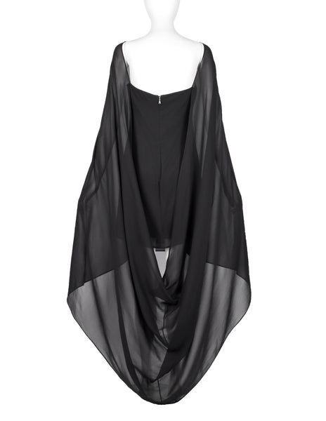 John Richmond Vintage Black Sheer Silk Beaded Dragon Mini Dress with Attached Scarf Cape