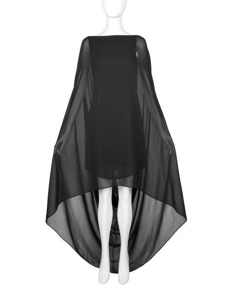 John Richmond Vintage Black Sheer Silk Beaded Dragon Mini Dress with Attached Scarf Cape