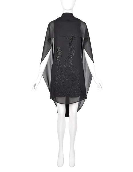 John Richmond Vintage Black Sheer Silk Beaded Dragon Mini Dress with Attached Scarf Cape