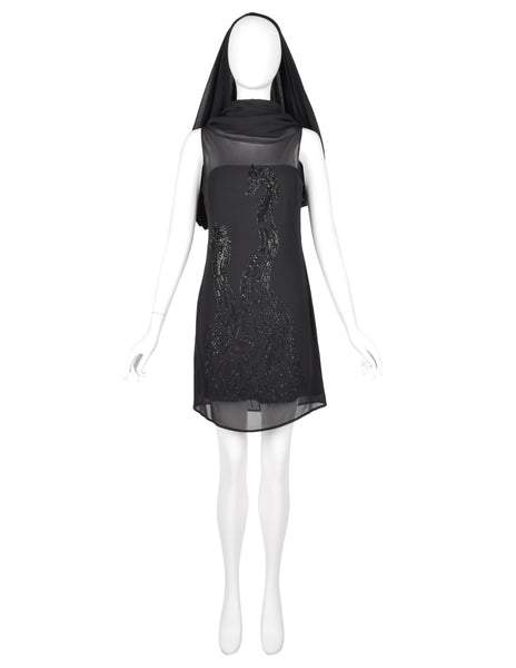 John Richmond Vintage Black Sheer Silk Beaded Dragon Mini Dress with Attached Scarf Cape