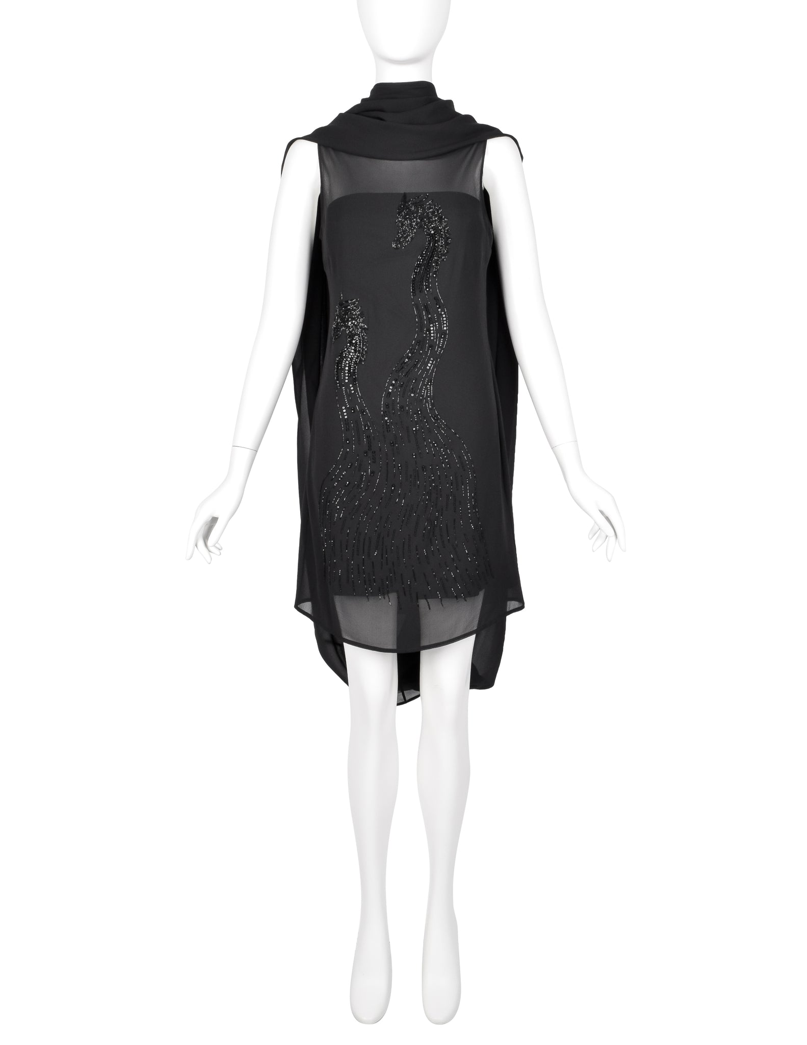 John Richmond Vintage Black Sheer Silk Beaded Dragon Mini Dress with Attached Scarf Cape