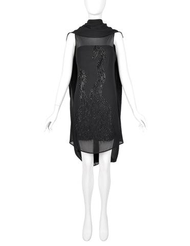 John Richmond Vintage Black Sheer Silk Beaded Dragon Mini Dress with Attached Scarf Cape