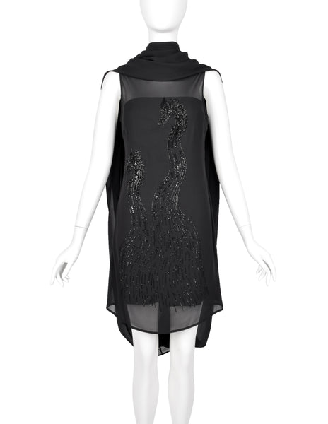 John Richmond Vintage Black Sheer Silk Beaded Dragon Mini Dress with Attached Scarf Cape