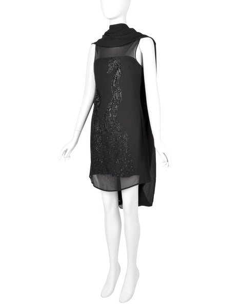 John Richmond Vintage Black Sheer Silk Beaded Dragon Mini Dress with Attached Scarf Cape