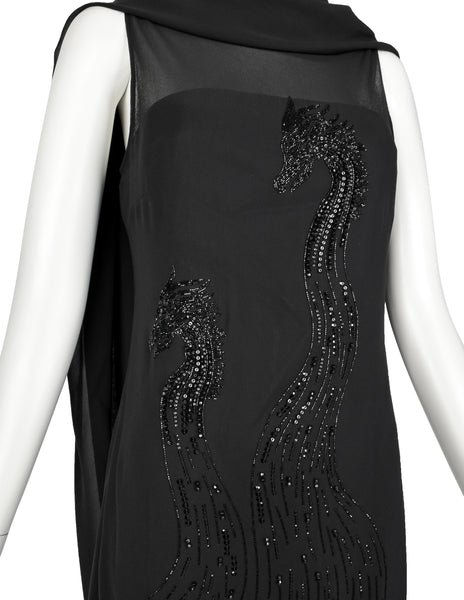 John Richmond Vintage Black Sheer Silk Beaded Dragon Mini Dress with Attached Scarf Cape