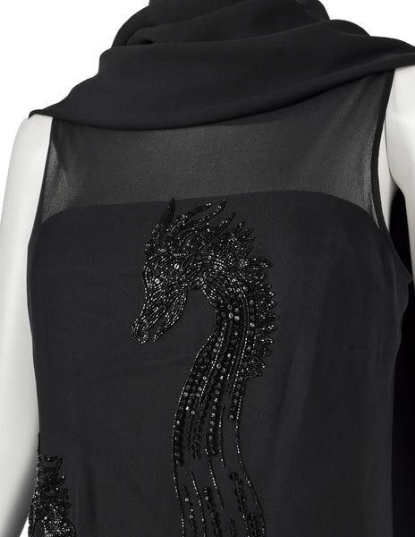 John Richmond Vintage Black Sheer Silk Beaded Dragon Mini Dress with Attached Scarf Cape