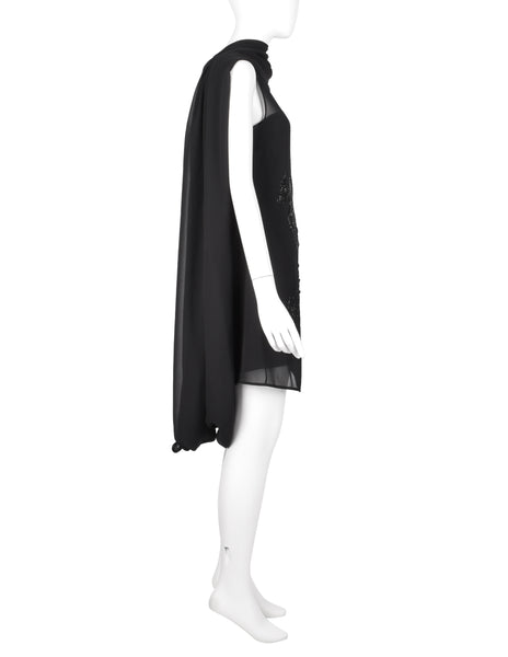 John Richmond Vintage Black Sheer Silk Beaded Dragon Mini Dress with Attached Scarf Cape
