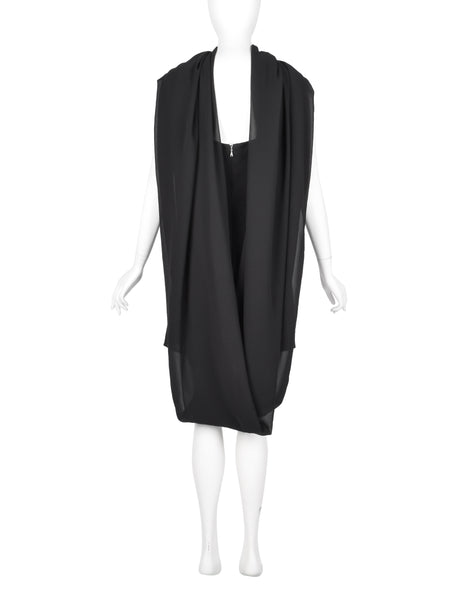 John Richmond Vintage Black Sheer Silk Beaded Dragon Mini Dress with Attached Scarf Cape