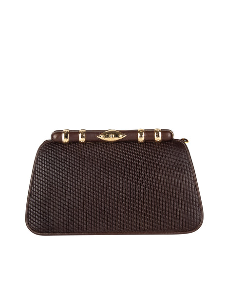 Judith Leiber Vintage Brown Weave Embossed Leather Convertible Clutch Bag