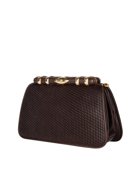 Judith Leiber Vintage Brown Weave Embossed Leather Convertible Clutch Bag