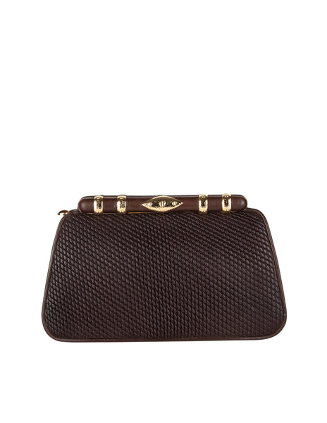 Judith Leiber Vintage Brown Weave Embossed Leather Convertible Clutch Bag