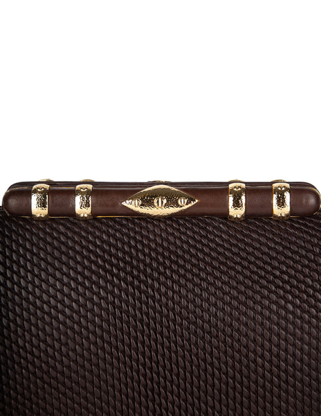 Judith Leiber Vintage Brown Weave Embossed Leather Convertible Clutch Bag