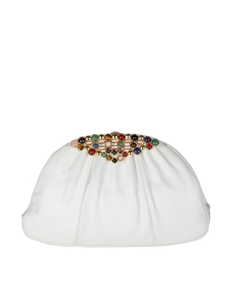Judith Leiber Vintage White Karung Stone Embellished Convertible Clutch Bag