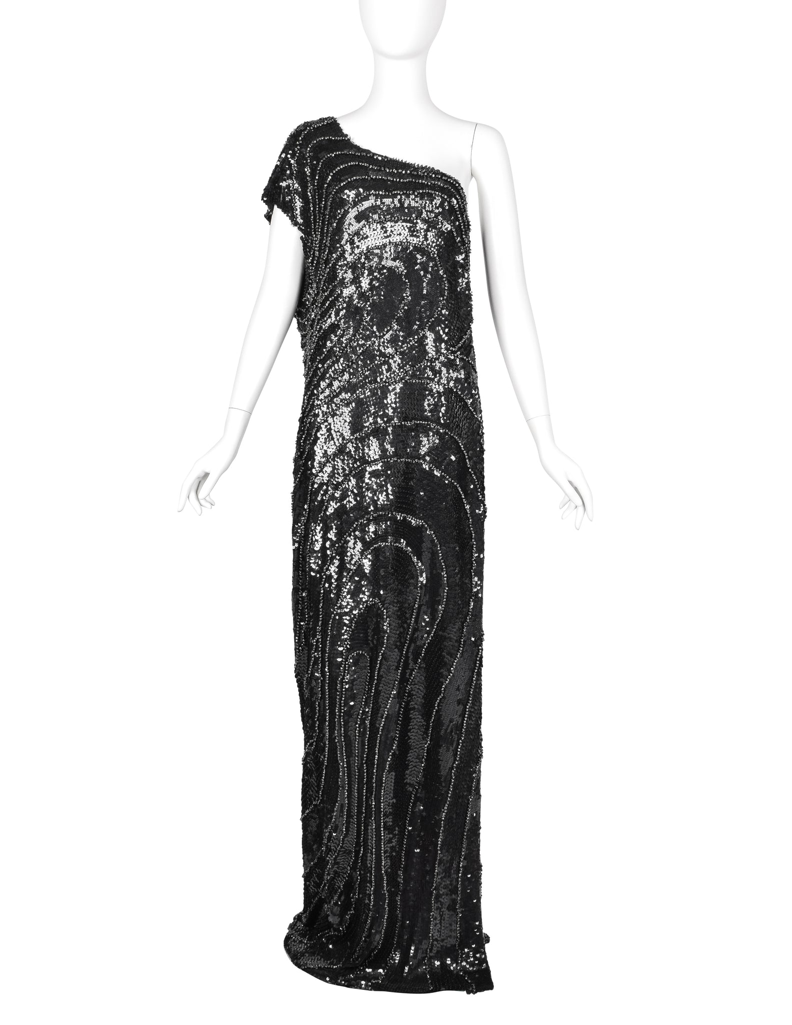 Krizia Vintage AW 2006 Black Silver Beaded Sequin Silk One Shoulder Gown