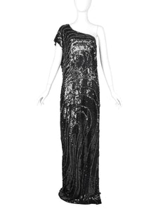 Krizia Vintage AW 2006 Black Silver Beaded Sequin Silk One Shoulder Gown