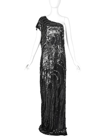 Krizia Vintage AW 2006 Black Silver Beaded Sequin Silk One Shoulder Gown