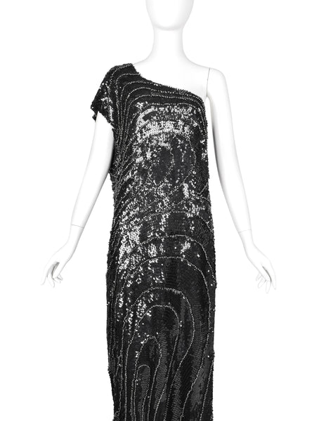 Krizia Vintage AW 2006 Black Silver Beaded Sequin Silk One Shoulder Gown