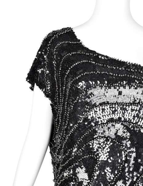 Krizia Vintage AW 2006 Black Silver Beaded Sequin Silk One Shoulder Gown