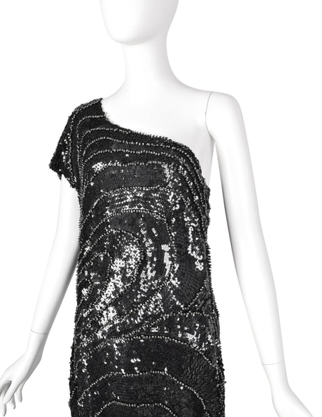 Krizia Vintage AW 2006 Black Silver Beaded Sequin Silk One Shoulder Gown