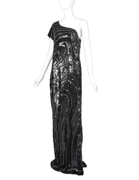 Krizia Vintage AW 2006 Black Silver Beaded Sequin Silk One Shoulder Gown