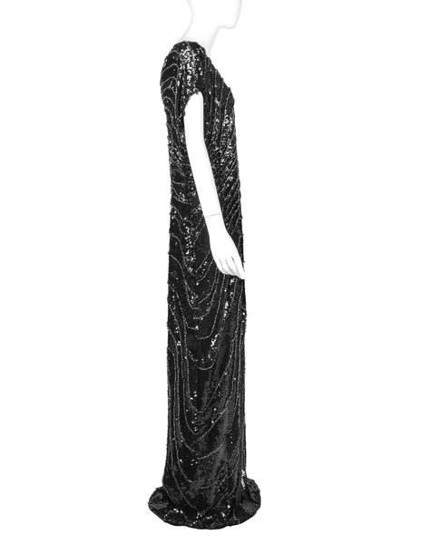 Krizia Vintage AW 2006 Black Silver Beaded Sequin Silk One Shoulder Gown