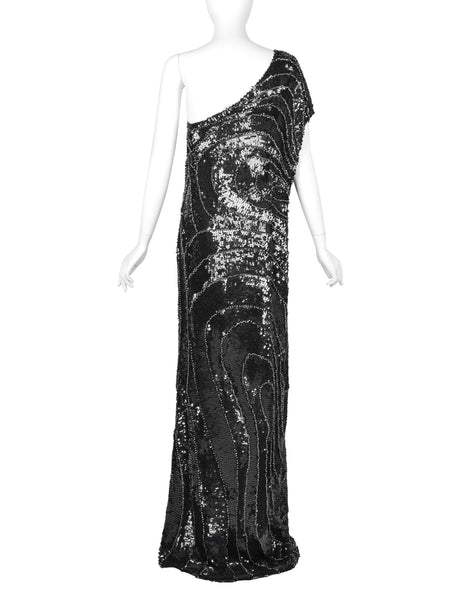 Krizia Vintage AW 2006 Black Silver Beaded Sequin Silk One Shoulder Gown