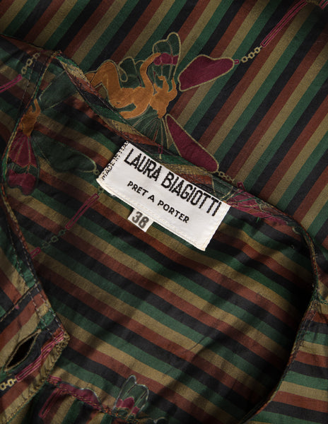 Laura Biagiotti Vintage Fairy Print Striped Silk Ruffle Dress