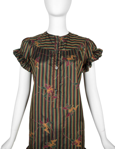Laura Biagiotti Vintage Fairy Print Striped Silk Ruffle Dress
