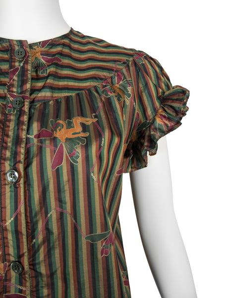 Laura Biagiotti Vintage Fairy Print Striped Silk Ruffle Dress