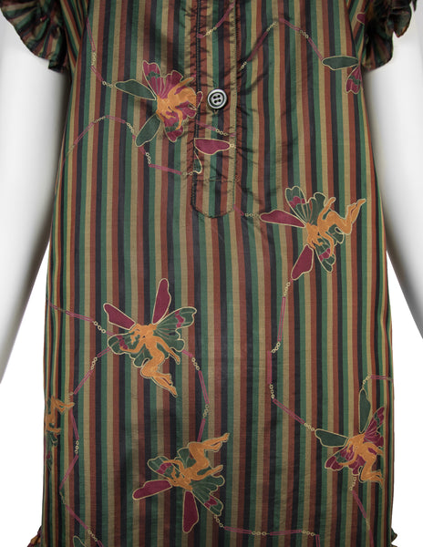 Laura Biagiotti Vintage Fairy Print Striped Silk Ruffle Dress