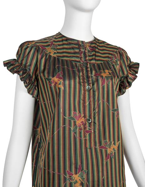 Laura Biagiotti Vintage Fairy Print Striped Silk Ruffle Dress