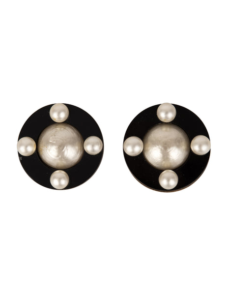 Chanel Vintage SS 1987 Pearl Adorned Black Disc Earrings