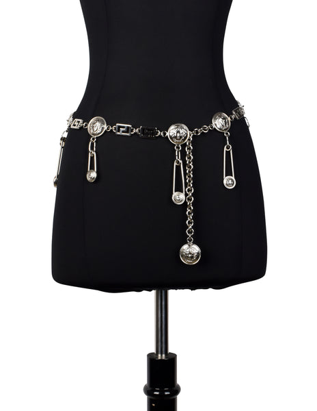 Versace Vintage 1990s Iconic Silver Medusa Safety Pin Chain Belt