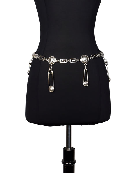 Versace Vintage 1990s Iconic Silver Medusa Safety Pin Chain Belt