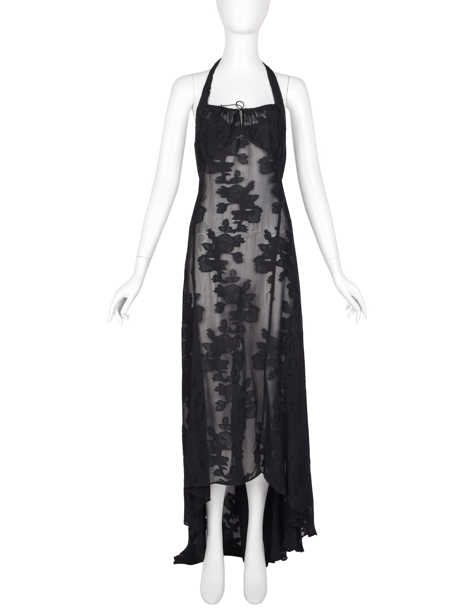 Martine Sitbon Vintage 1990s Sheer Black Floral High-Low Halter Dress