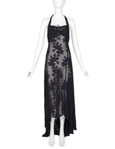 Martine Sitbon Vintage 1990s Sheer Black Floral High-Low Halter Dress