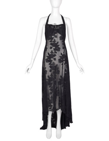 Martine Sitbon Vintage 1990s Sheer Black Floral High-Low Halter Dress