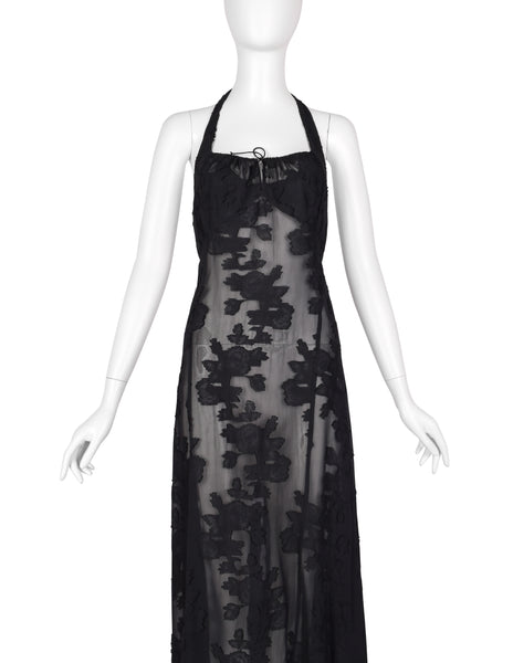 Martine Sitbon Vintage 1990s Sheer Black Floral High-Low Halter Dress