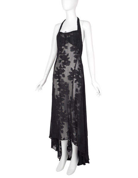 Martine Sitbon Vintage 1990s Sheer Black Floral High-Low Halter Dress