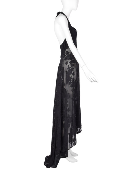 Martine Sitbon Vintage 1990s Sheer Black Floral High-Low Halter Dress