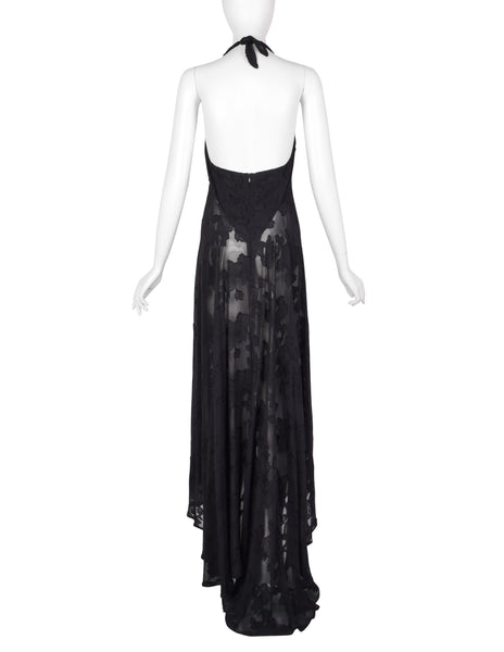 Martine Sitbon Vintage 1990s Sheer Black Floral High-Low Halter Dress