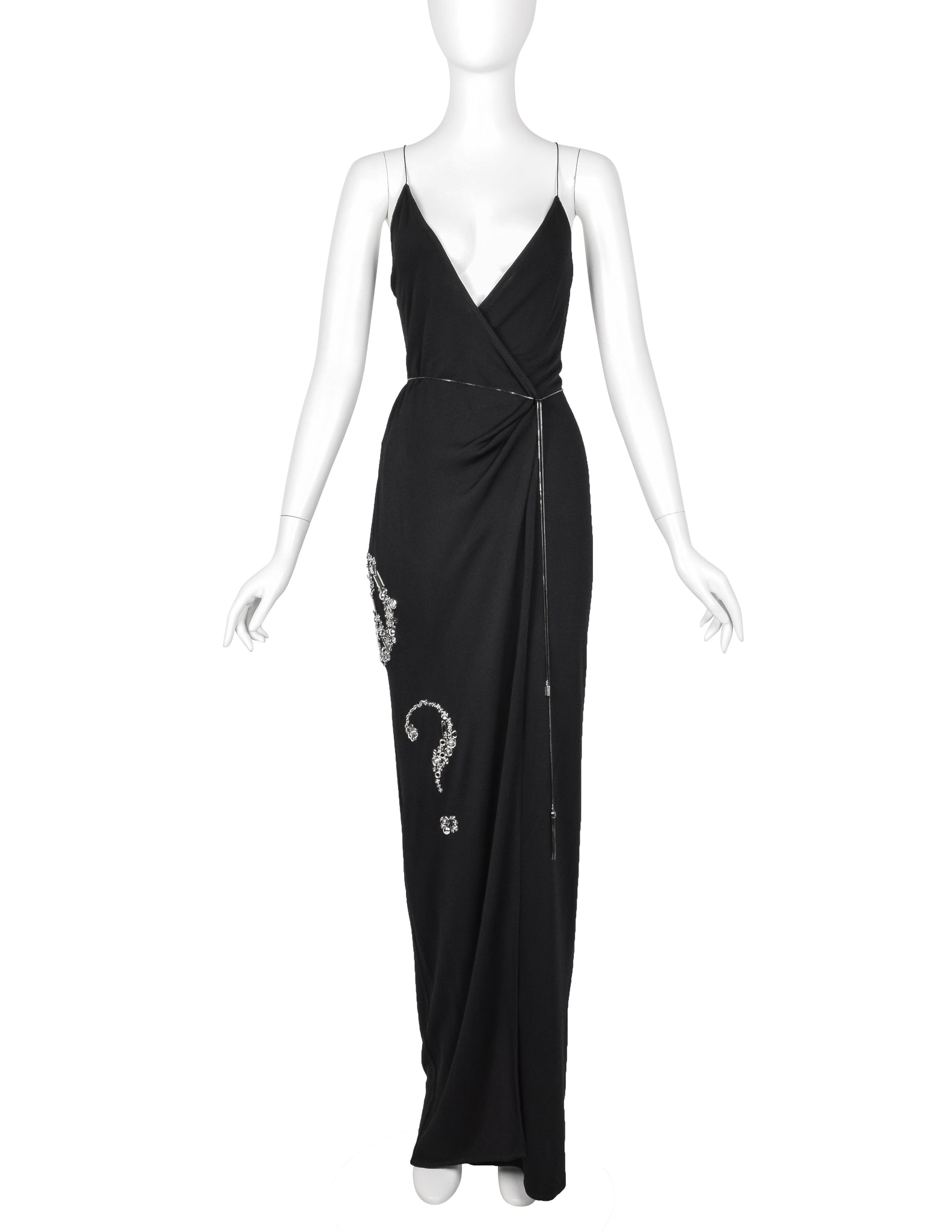 Moschino Couture! Vintage SS 1998 Black Silver Peace Love Hardware Embellished Wrap Dress
