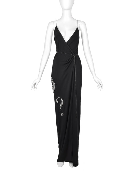 Moschino Couture! Vintage SS 1998 Black Silver Peace Love Hardware Embellished Wrap Dress