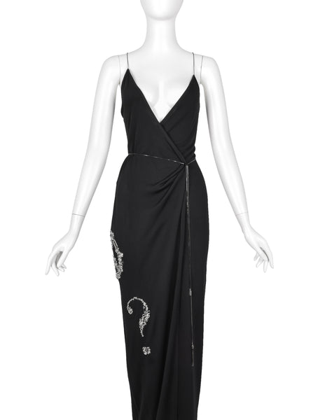 Moschino Couture! Vintage SS 1998 Black Silver Peace Love Hardware Embellished Wrap Dress