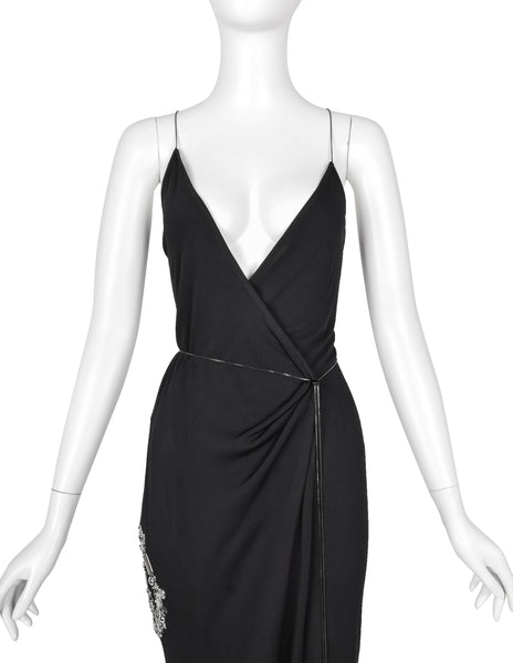 Moschino Couture! Vintage SS 1998 Black Silver Peace Love Hardware Embellished Wrap Dress