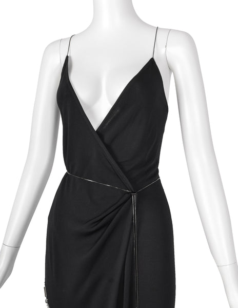 Moschino Couture! Vintage SS 1998 Black Silver Peace Love Hardware Embellished Wrap Dress